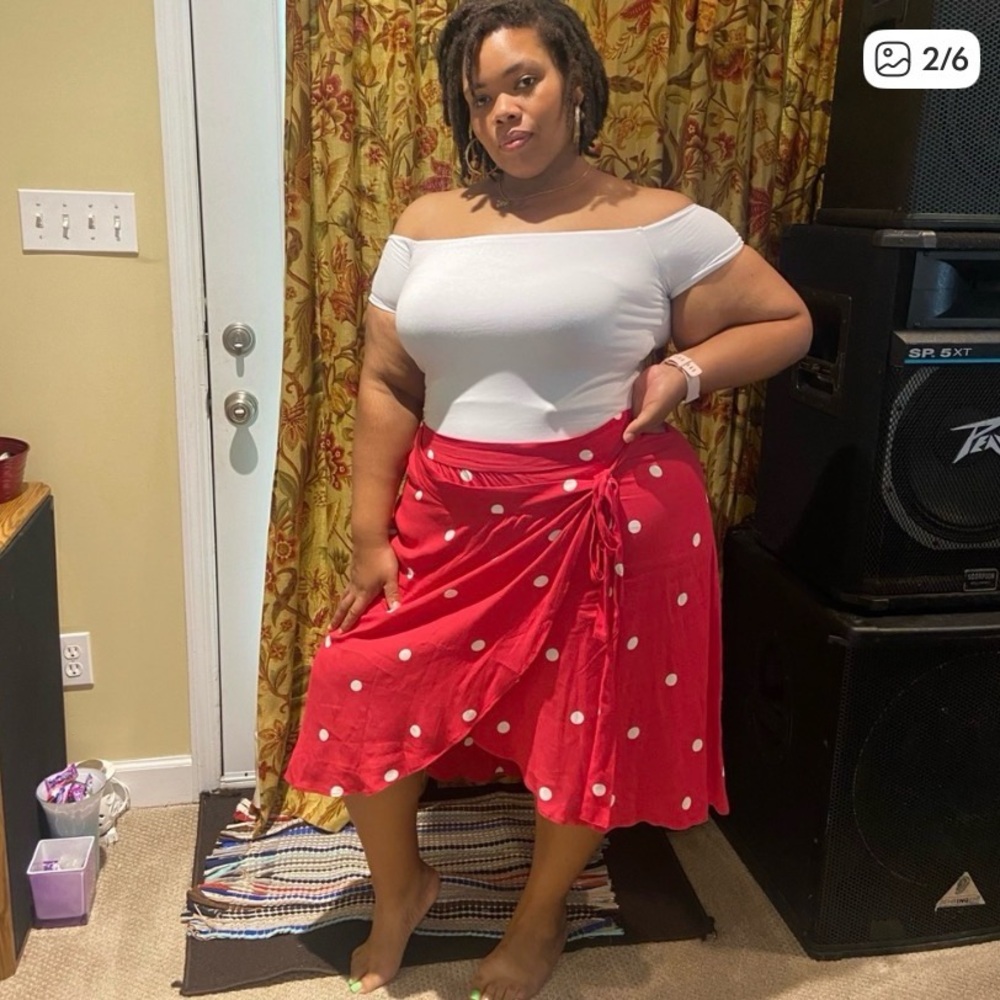 LOFT Red Polka Dot Midi Skirt